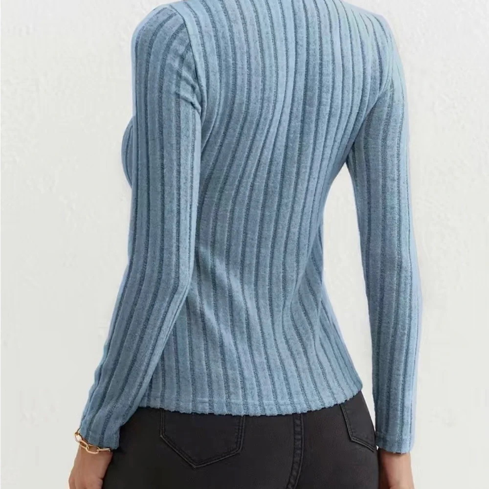 Blue solid knit turtleneck top